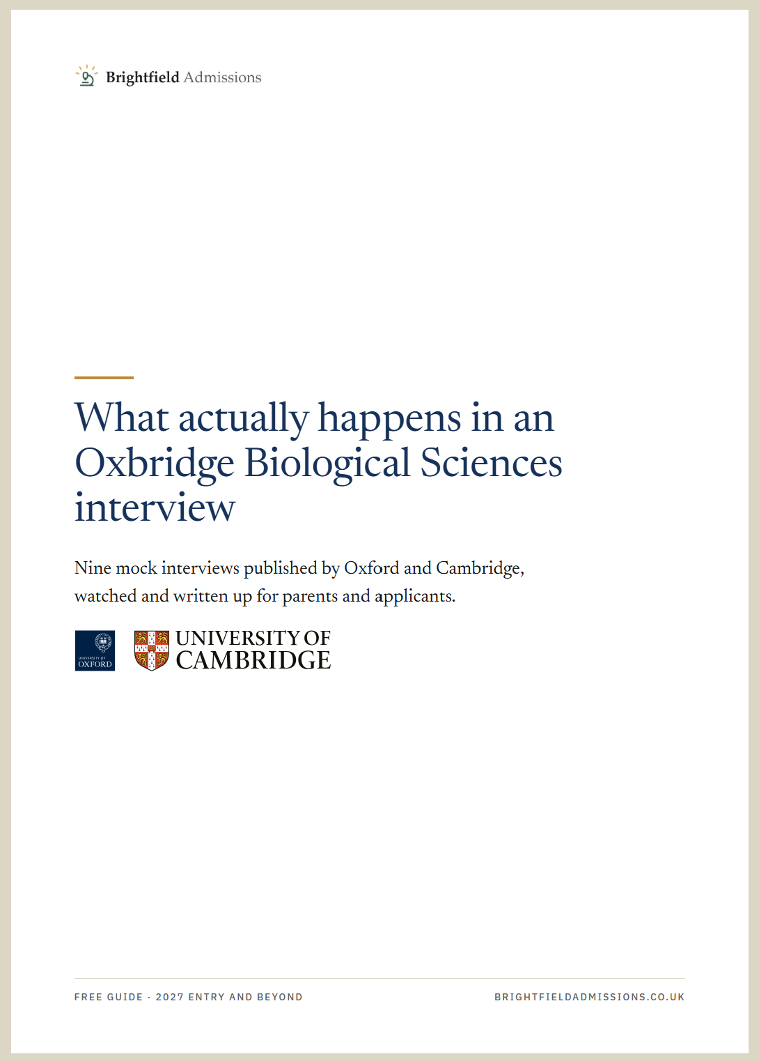 The cover of the guide: 'What actually happens in an Oxbridge Biological Sciences interview', Brightfield Admissions